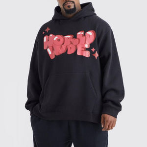 Sweat à capuche noir entièrement neuf en molleton avec logo arqué personnalisé rouge – Imprimé graphique étoile en strass – Pull streetwear haut de gamme - Product Image 1