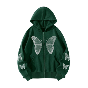 Sudadera Verde con Capucha y Cierre, con Estampado de Mariposas Brillantes, Unisex, Holgada, Informal, de Punto de Algodón, para Otoño - Product Image 1