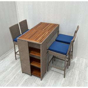 BS00066 5-Piece Acacia Wood Modern Stylish Weather Resistant <b>Rattan</b>/Tek Top Outdoor Dining Set Rectangular Bar <b>Table</b> Courtyard - Product Image 2