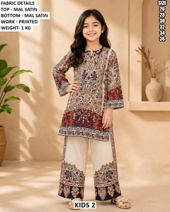 Kids Floral Printed Mal Satin Tunic Set With Wide Leg Pants V-Neck Full Sleeve Vintage Style All Seasons Wear - Product Image 4
