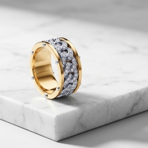Mens Two Tone Cuban Link Inlay <b>Spinner</b> Luxury Diamond Pave Wedding Band <b>Ring</b> High End Hip Hop Style in Yellow & White Gold - Product Image 3