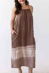 Bohemian Brown Tie Dye Cotton Long Dress Casual <b>Spaghetti</b> <b>Strap</b> Summer Vacation Sundress for women - Product Image 2