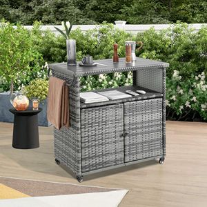 Marrone chiaro per esterni vimini Bar Cart ruote rotolamento Rattan bevande da tavolo in vetro Patio Top vino carrello per giardino - Product Image 1