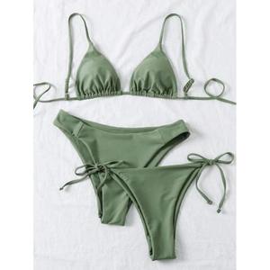 Conjunto de Bikini de Dos Piezas para Mujer, Top Triangular con Tirantes Ajustables, Braguita con Lazos Laterales, Traje de Baño de Color Sólido, Elástico, Ropa de Playa - Product Image 1