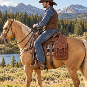 ROYAL INTERNATIONAL Sacs de selle pour chevaux en cuir véritable |   Pochette de rangement latérale pour l'équitation occidentale avec sangles et boucles sécurisées, embossée - Product Image 2