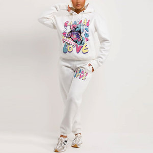 Ensemble de survêtement blanc à capuche pour femme, motif ours imprimé, manches longues, coupe ample, taille élastique, 100 % coton, tenue décontractée printemps - Product Image 1