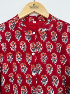 Women's Red Floral Print Cotton <b>Shirt</b> Dress Mandarin Collar Tiered Maxi Dress Puff Sleeve <b>Boho</b> Casual Flowy Summer Dress - Product Image 2