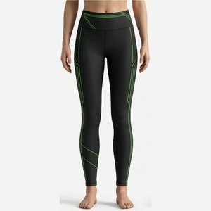 Leggings longs taille haute pour femmes, noirs avec décoration de ligne verte brillante, extensibles, respirants, style compression, toutes saisons - Product Image 1