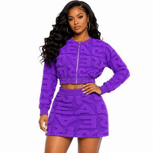 Cosh International Sisterhood Sorority 2 Piece <b>Knitted</b> <b>Set</b> Purple Letter Pattern Crew Neck Zipper Top Skirt Casual Autumn Outfit - Product Image 3