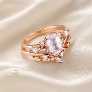 Natural Rose <b>Quartz</b> Bridal <b>Ring</b> Set Oval Pink Gemstone Engagement Wedding <b>Ring</b> Set Leaf Design Custom Jewelry for Women - Product Image 2
