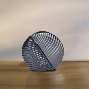 Handmade Metal Tabletop <b>Vase</b> Minimalist Design Black <b>Ribbed</b> Surface Decorative Centerpiece for Modern Interiors - Product Image 1
