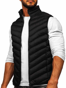 Chaleco Acolchado Negro para Hombre, Cuello Alto, Cierre de Cremallera, Cortavientos, Chaqueta Casual de Invierno, Corte Ajustado, Relleno de Poliéster - Product Image 6