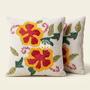 Red Yellow Blossom Beaded Cushion <b>Cover</b> Handmade Floral Embroidery Cotton Pillow <b>Cover</b> <b>Garden</b> Theme Decorative Cushion Case - Product Image 1