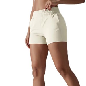 Shorts de sport roses taille haute pour femme avec logo personnalisé, poches, séchage rapide, en polyester tricoté, taille élastique, coupe régulière, fourniture OEM - Product Image 2