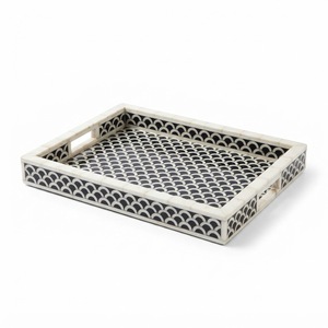Plateau de service rectangulaire décoratif en bois gris avec incrustation d'os, fait main, motif chevron géométrique, pour table basse, ottoman, salon - Product Image 3