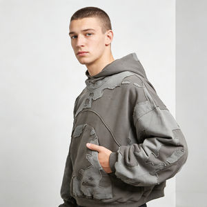 เสื้อฮู้ดดี้ผู้ชายสไตล์วินเทจสีเทาแบบมีรอยขาดแต่งผ้าปะติด ทรงโอเวอร์ไซส์ สวมใส่สบายๆ สไตล์สตรีทแวร์ - Product Image 2