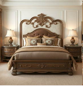 Tête de lit capitonnée grise sophistiquée, encadrée d'un cadre en bois foncé sculpté. Style élégant disponible à prix de gros. - Product Image 3