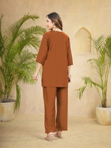 <b>Women</b> Brown Rayon Embroidered Traditional <b>Kurta</b> Pant Set Regular Fit Casual Ankle-Length Indian Pakistani Style Quick Dry All - Product Image 4
