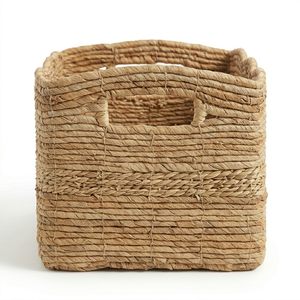 100% Natural Water Hyacinth Woven Storage Basket Bohemian Style Handwoven Scalloped with Handles Rectangular Shape - Product Image 3