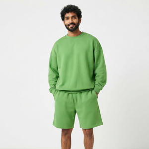 Conjunto de Sudadera y Pantalones Cortos de Forro Polar para Hombre, Cuello Redondo, Ajuste Holgado, Casual, de Dos Piezas, con Cordón en la Cintura Media - Product Image 1