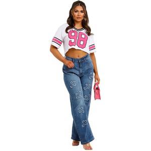 เสื้อกีฬาเอวลอยสำหรับผู้หญิงเสื้อยืดคอวีพิมพ์ลายสีชมพู98ชิ้นเสื้อแฟชั่นสำหรับผู้หญิงกำหนดโลโก้และป้ายได้เอง - Product Image 3