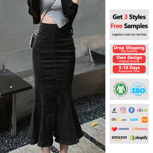 Women High Waisted Slimming Jean <strong>Skirt</strong> <strong>Black</strong> <strong>Long</strong> Irregular Half-Body Fishtail Front Side <strong>Slit</strong> Jean Denim <strong>Skirt</strong>