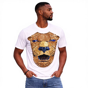 Camiseta Blanca Oversize para Hombre, Estilo Veraniego, con Estampado de León con Pedrería, Algodón, Estilo Urbano, Corte Holgado, Logotipo Personalizado, Último Diseño - Product Image 1