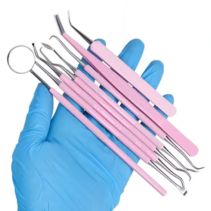 Kit de 8 outils dentaires roses pour le nettoyage buccal : miroir buccal, pinces, sonde double, curette, détartreur en acier inoxydable - Product Image 2