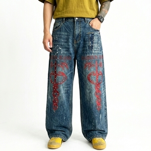 Pantalon en jean pour homme style américain, orné de strass, motif graphique tie-dye, coupe droite ample, style urbain - Product Image 3