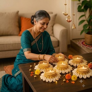 Ensembles de bougeoirs à bougies chauffe-plat en coquillages de cauris faits à la main, écologiques et durables, avec treillis métallique doré de luxe, pour Diya, Diwali et mariages indiens - Product Image 2