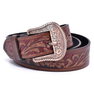 Custom Design Brown Full Grain Unisex Western <b>Leather</b> <b>Tooling</b> Belt with Floral hand carving and Designer Brass Buckle Set - Product Image 4