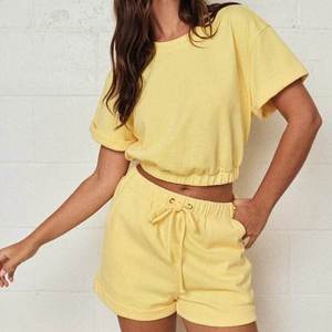 Custom Women's Solid Cozy Two Piece <b>Set</b> Oversized Cropped Elastic Hem T Shirt Drawstring Shorts Loungewear <b>Set</b> Manufacturer - Product Image 1