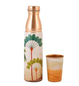 Ensemble de bouteilles d'eau en cuivre pur imprimées de luxe, motif floral et botanique, récipient en cuivre à rayures verticales cannelées - Product Image 4
