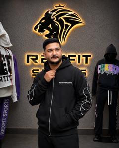 REXFITSPORTS 2026 Sweat à capuche personnalisé noir entièrement zippé 280–300 GSM en coton polyester molletonné imprimé, noir anthracite, style streetwear - Product Image 4