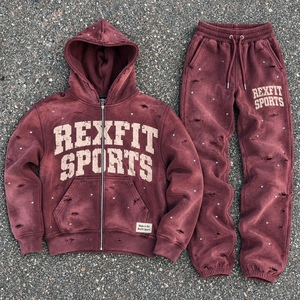 Ensemble de survêtement imprimé deux pièces personnalisé unisexe, haut à capuche zippé décontracté avec détails vieillis, pantalon de survêtement à chevilles élastiques, étiquette personnalisée - Product Image 3
