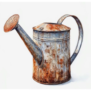 Regadera de Metal Oxidado Vintage, Ilustración en Acuarela, Decoración de Jardín, Estilo Retro, Acabado Galvanizado Desgastado - Product Image 1