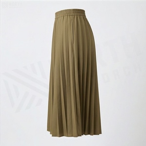 Women Pleated Knee-Length <b>Skirt</b> <b>Elastic</b> <b>Waist</b> Solid Color Polyester Cotton Comfortable All Seasons Style - Product Image 3