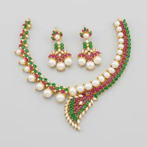 Flower Pattern Imitation <b>Pearl</b> Necklace and Earring <b>Set</b> Gold Plated Alloy Women's Indian Wedding <b>Jewelry</b> Classic Style - Product Image 3