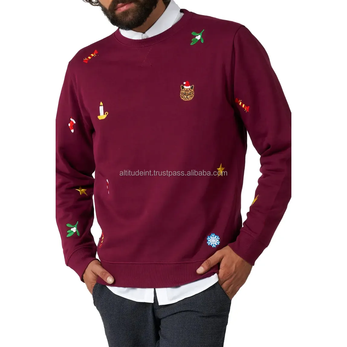 Hot Sale Wholesale High Quality Winter Blue Burgundy Christmas Embroidered Pullover Sweatshirt Hoodie Custom Men Sweatshirts