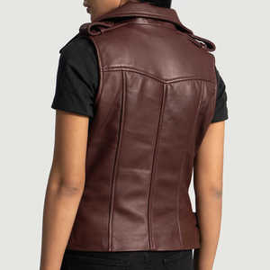 Chaleco de cuero para mujer, color granate, informal, sin mangas, con cuello en V, cremallera, secado rápido, con bolsillos, top de otoño, chaleco de motociclista de moda, superventas, prenda exterior - Product Image 3