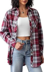 Wholesale Womens Oversized Plaid Flannel Shirt Long Sleeve Button Down Shacket Dark Green Beige <b>Checkered</b> Casual Loose Fit Blous - Product Image 3
