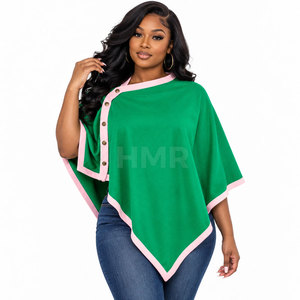 HMR Sorority Sisterhood Green Poncho With Pink Trim Asymmetric Batwing Sleeve Button Closure O-Neck Sweater Top - Product Image 3
