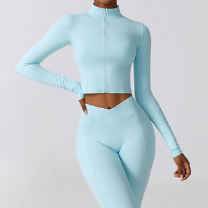 <b>White</b> <b>Long</b> <b>Sleeve</b> Zip Front <b>Crop</b> <b>Top</b> Yoga Fitness Wear Women's Activewear Seamless Breathable Quick Dry High Waist Leggings Set - Product Image 5