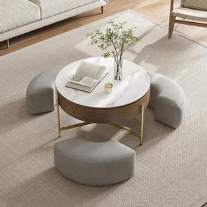 Ensemble de table basse à dessus relevable moderne blanc et noyer avec 3 poufs Comprend des fonctions de rangement - Product Image 3