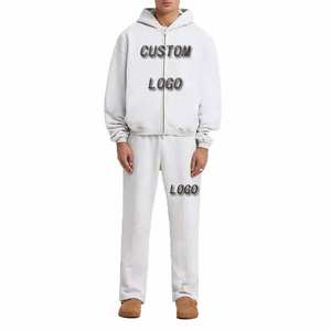 Conjunto de Sudadera con Capucha y Pantalones de Chándal Acampanados de Forro Polar para Hombre, Blancos, con Lavado Ácido, Cremallera Completa, Estilo Vintage, Desgastado, Lavado a la Piedra, Color Liso, Casual - Product Image 3