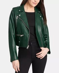 omen Dark Green Leather Jacket Classic Moto Biker <b>Coat</b> Ladies Fashion Slim Fit PU Outerwear Casual Zip Up Streetwear <b>Top</b> - Product Image 4