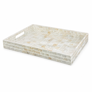 Plateau de service rectangulaire fait main en nacre, plateau de luxe en mosaïque de nacre et bois avec poignées pour table basse et décoration intérieure - Product Image 1