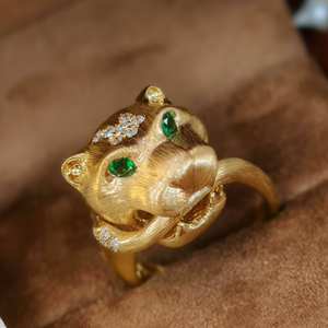 Gold Panther Animal Head Cocktail <b>Ring</b> Unisex Green Eyes Lab Grown Diamond IGI Certified 14K Gold Tension Set Luxury Statement - Product Image 3