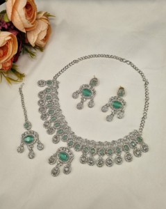 Designer Rhodium Plated Oval Cut CZ Stone Necklace <b>Set</b> With Earrings & Mangtika For Women Ethnic Fashion <b>Jewellery</b> <b>Set</b> Wholesale - Product Image 1
