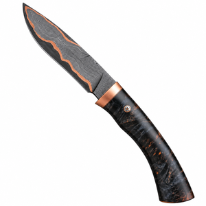 Couteau de chasse artisanal en acier Damas cuivré, lame à pointe tombante, manche en cuivre et bois, bord biseauté, outil de survie en plein air - Product Image 1